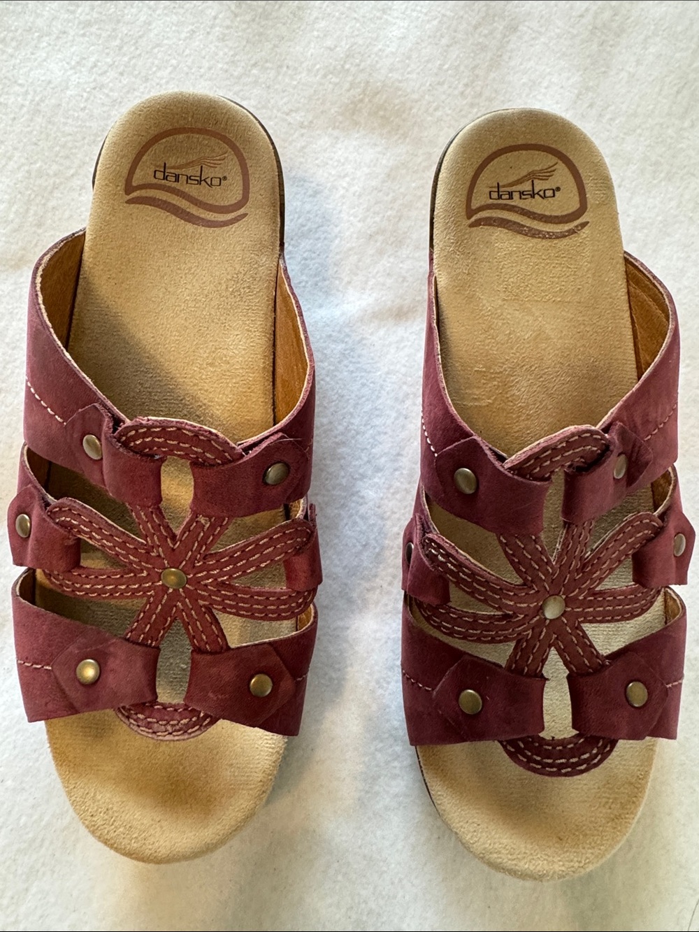 Dansko Lavendar Leather Slide Sandals Floral Cutout Comfort Clogs 38 7.5/8